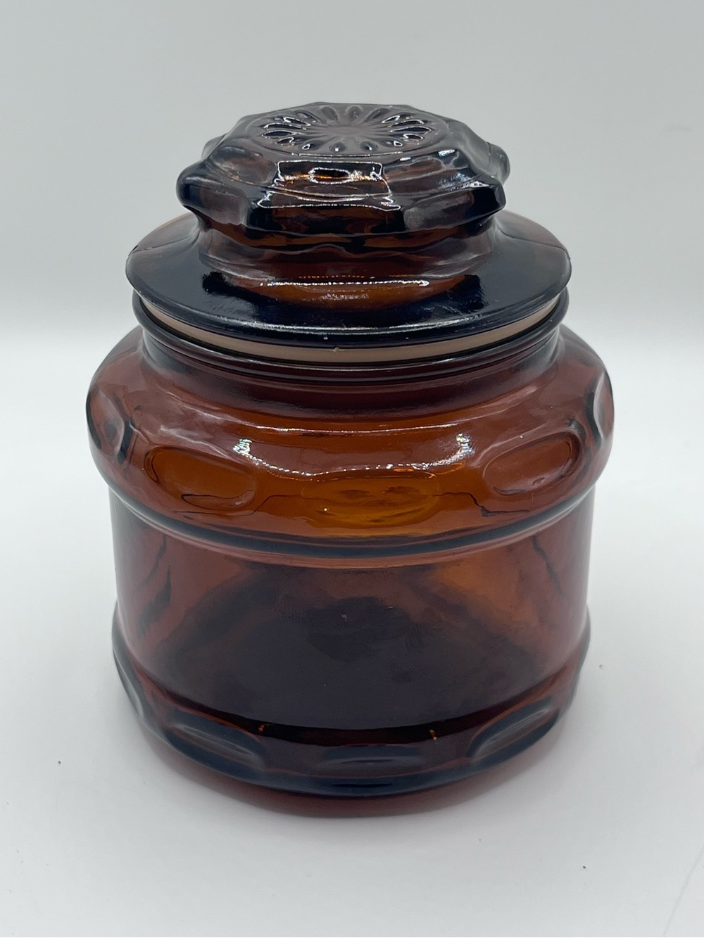 Vintage Small Amber Glass Apothecary, Candy or Trinket Jar with Starburst Lid